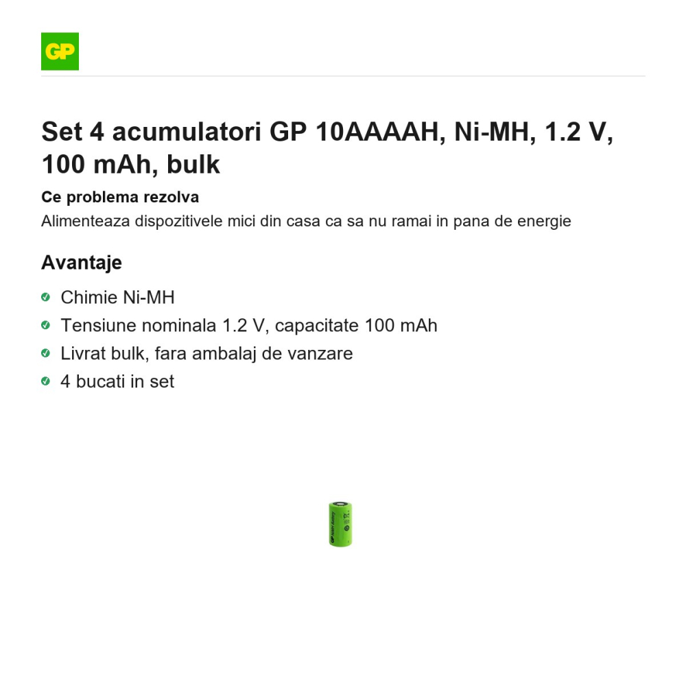 Set 4 acumulatori GP 10AAAAH, Ni-MH, 1.2 V, 100 mAh, bulk [2]