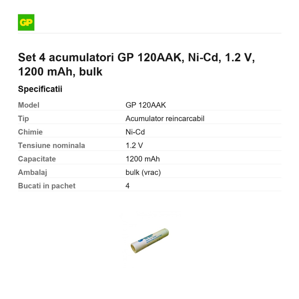 Set 4 acumulatori GP 120AAK, Ni-Cd, 1.2 V, 1200 mAh, bulk [3]