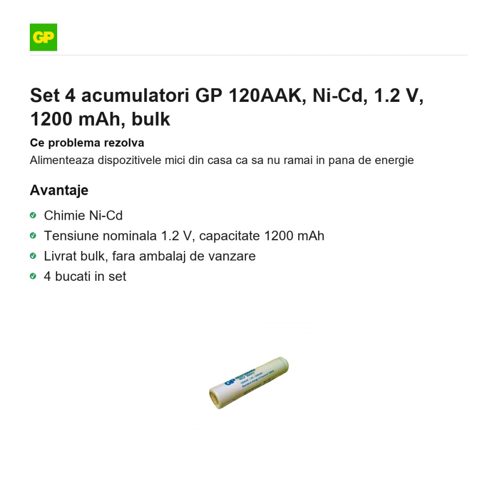 Set 4 acumulatori GP 120AAK, Ni-Cd, 1.2 V, 1200 mAh, bulk [2]