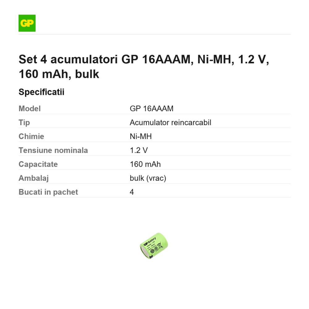 Set 4 acumulatori GP 16AAAM, Ni-MH, 1.2 V, 160 mAh, bulk [3]