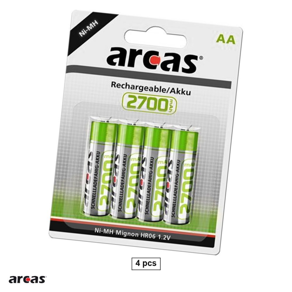 Set 4 acumulatori Ni-MH AA HR6 Arcas, 2700 mAh, 1.2 V, preincarcati, 14.5 x 50.5 mm, in blister [1]