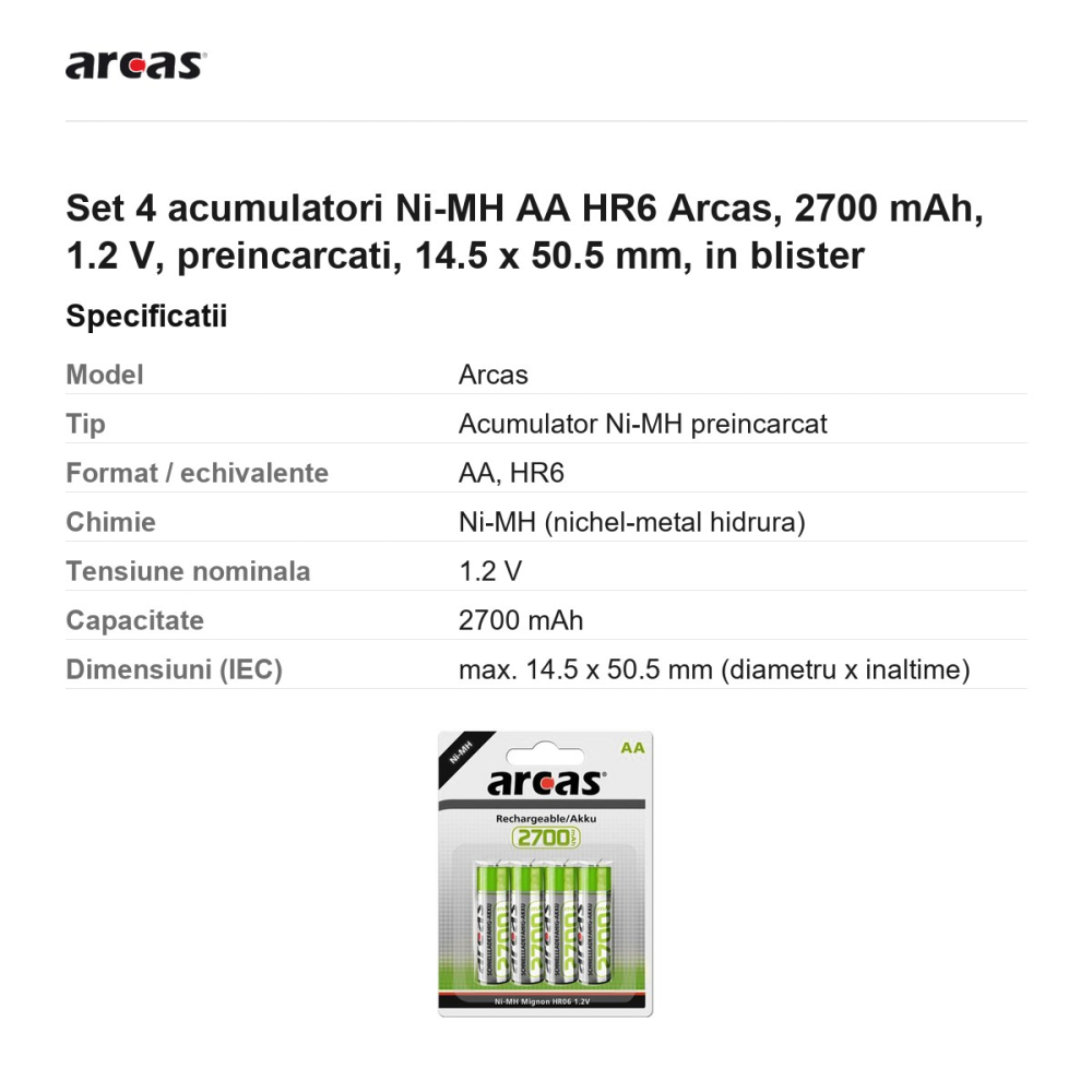 Set 4 acumulatori Ni-MH AA HR6 Arcas, 2700 mAh, 1.2 V, preincarcati, 14.5 x 50.5 mm, in blister [3]
