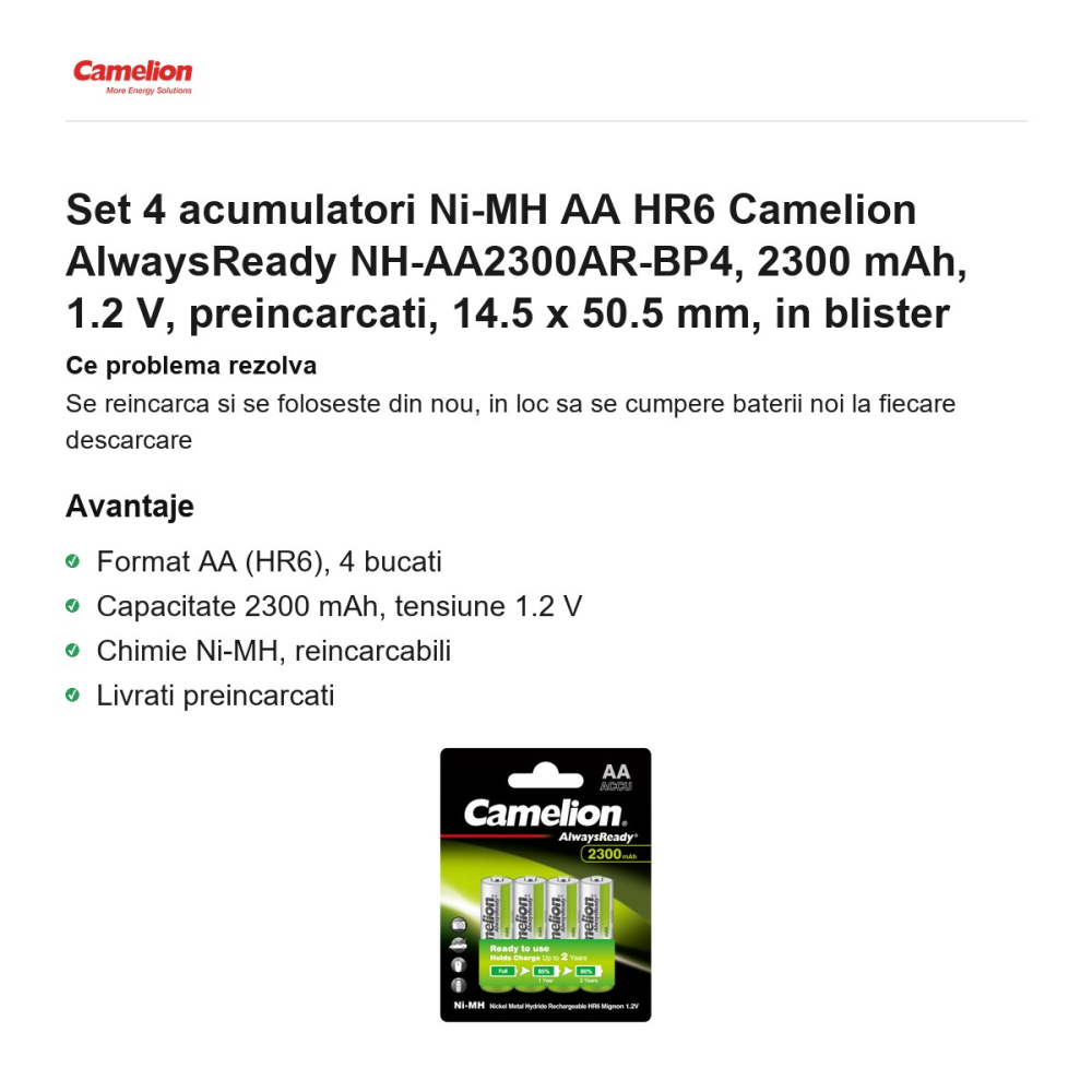 Set 4 acumulatori Ni-MH AA HR6 Camelion AlwaysReady NH-AA2300AR-BP4, 2300 mAh, 1.2 V, preincarcati, 14.5 x 50.5 mm, in blister [2]