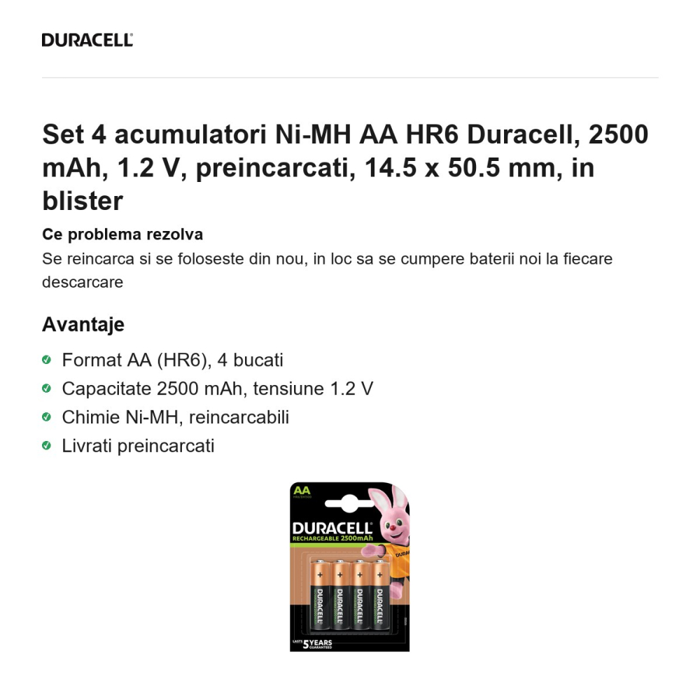 Set 4 acumulatori Ni-MH AA HR6 Duracell, 2500 mAh, 1.2 V, preincarcati, 14.5 x 50.5 mm, in blister [2]