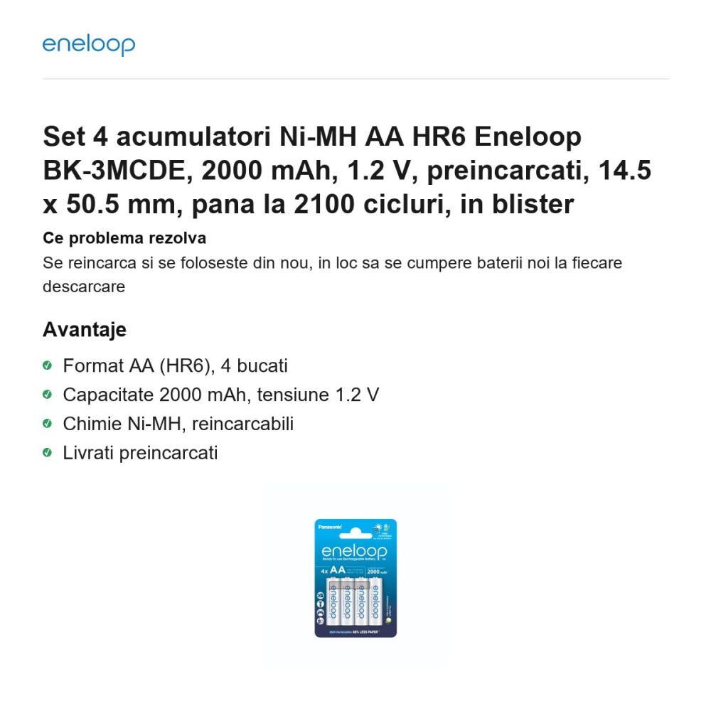 Set 4 acumulatori Ni-MH AA HR6 Eneloop BK-3MCDE, 2000 mAh, 1.2 V, preincarcati, 14.5 x 50.5 mm, pana la 2100 cicluri, in blister [2]