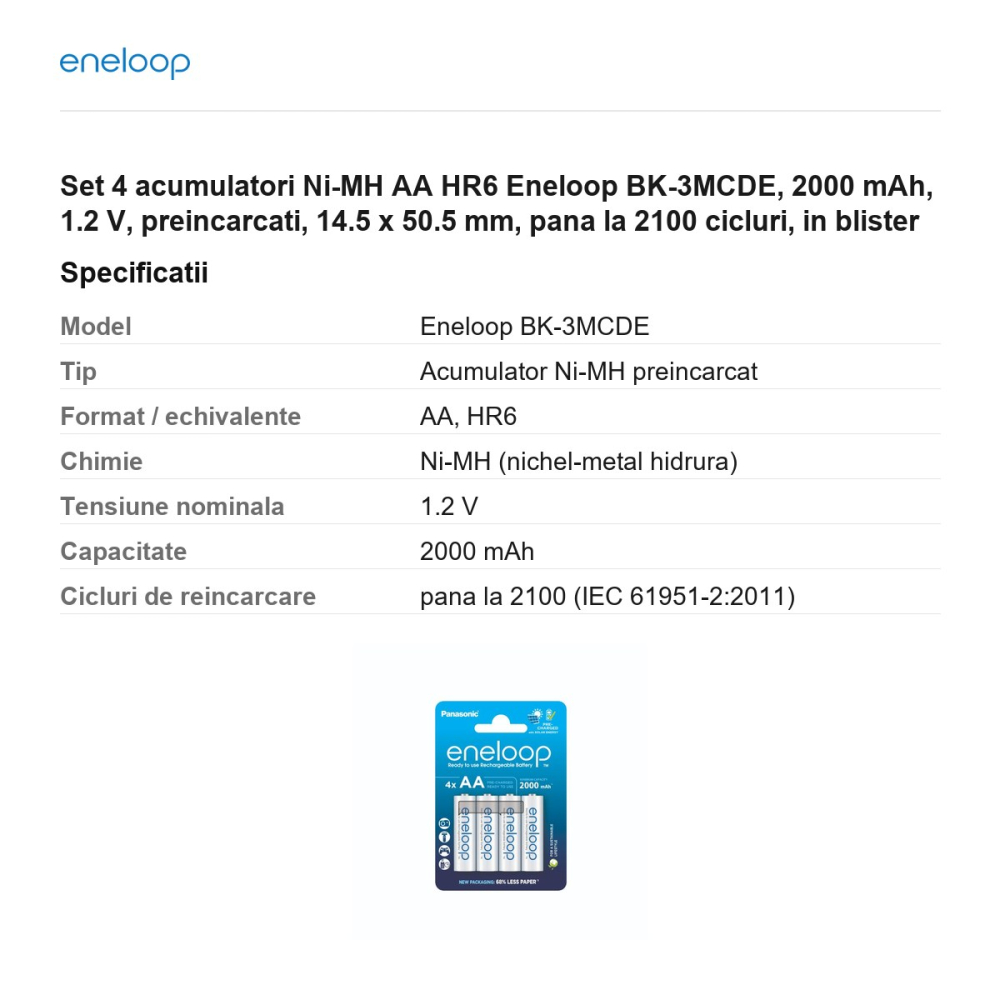 Set 4 acumulatori Ni-MH AA HR6 Eneloop BK-3MCDE, 2000 mAh, 1.2 V, preincarcati, 14.5 x 50.5 mm, pana la 2100 cicluri, in blister [3]