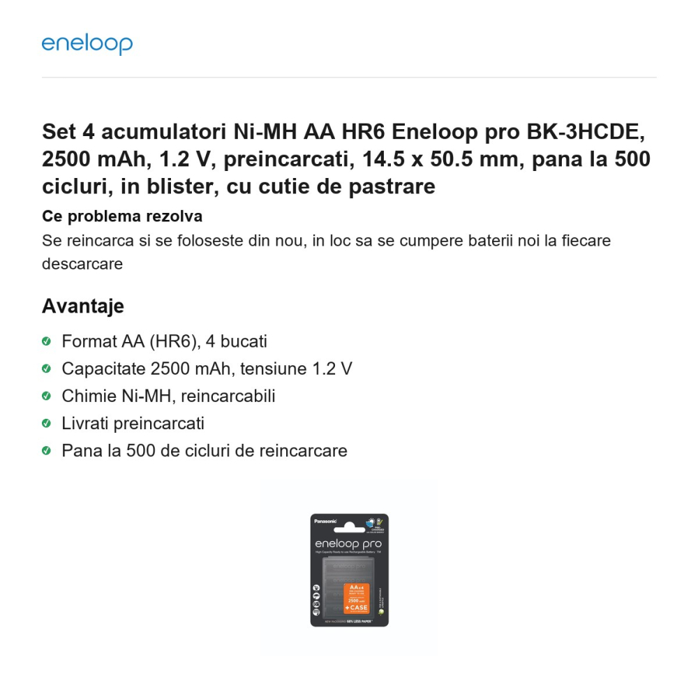 Set 4 acumulatori Ni-MH AA HR6 Eneloop pro BK-3HCDE, 2500 mAh, 1.2 V, preincarcati, 14.5 x 50.5 mm, pana la 500 cicluri, in blister, cu cutie de pastrare [2]