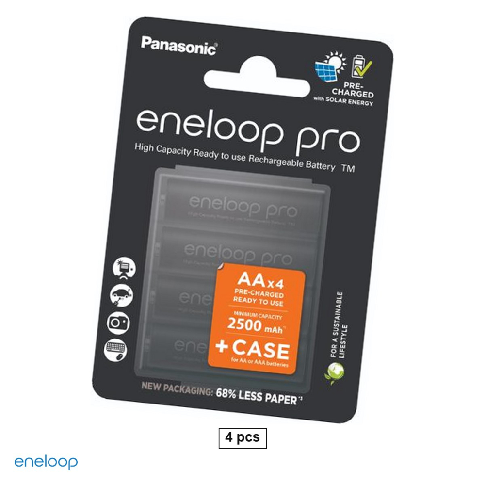 Set 4 acumulatori Ni-MH AA HR6 Eneloop pro BK-3HCDE, 2500 mAh, 1.2 V, preincarcati, 14.5 x 50.5 mm, pana la 500 cicluri, in blister, cu cutie de pastrare [1]