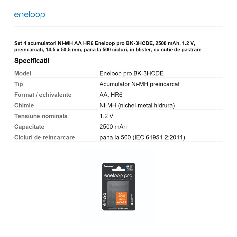 Set 4 acumulatori Ni-MH AA HR6 Eneloop pro BK-3HCDE, 2500 mAh, 1.2 V, preincarcati, 14.5 x 50.5 mm, pana la 500 cicluri, in blister, cu cutie de pastrare [3]