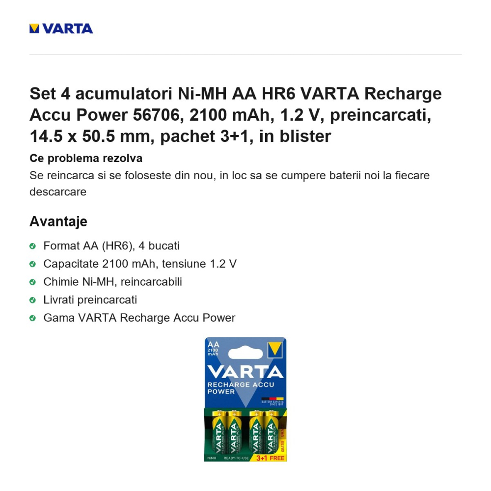 Set 4 acumulatori Ni-MH AA HR6 VARTA Recharge Accu Power 56706, 2100 mAh, 1.2 V, preincarcati, 14.5 x 50.5 mm, pachet 3+1, in blister [2]