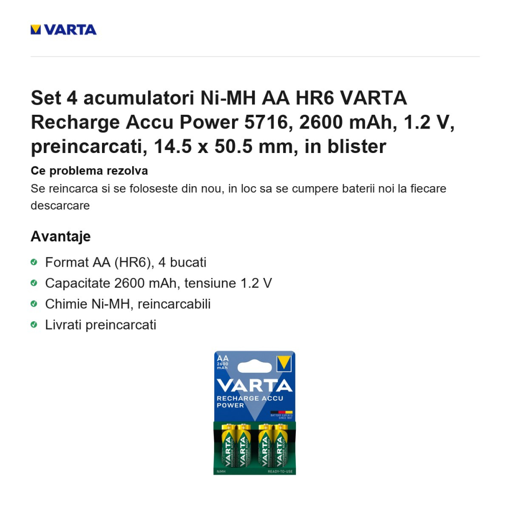 Set 4 acumulatori Ni-MH AA HR6 VARTA Recharge Accu Power 5716, 2600 mAh, 1.2 V, preincarcati, 14.5 x 50.5 mm, in blister [2]