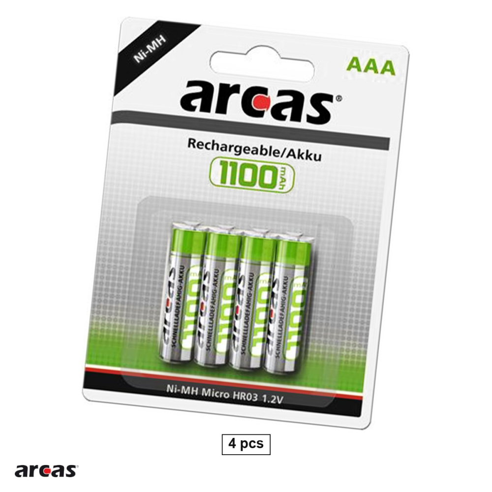 Set 4 acumulatori Ni-MH AAA HR03 Arcas, 1100 mAh, 1.2 V, preincarcati, 10.5 x 44.5 mm, in blister [1]