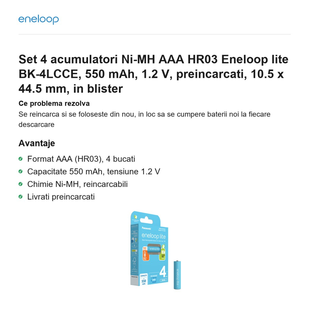 Set 4 acumulatori Ni-MH AAA HR03 Eneloop lite BK-4LCCE, 550 mAh, 1.2 V, preincarcati, 10.5 x 44.5 mm, in blister [2]