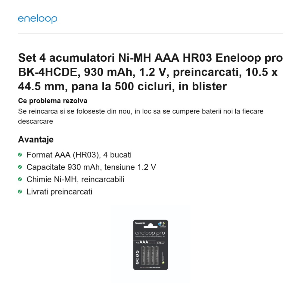 Set 4 acumulatori Ni-MH AAA HR03 Eneloop pro BK-4HCDE, 930 mAh, 1.2 V, preincarcati, 10.5 x 44.5 mm, pana la 500 cicluri, in blister [2]