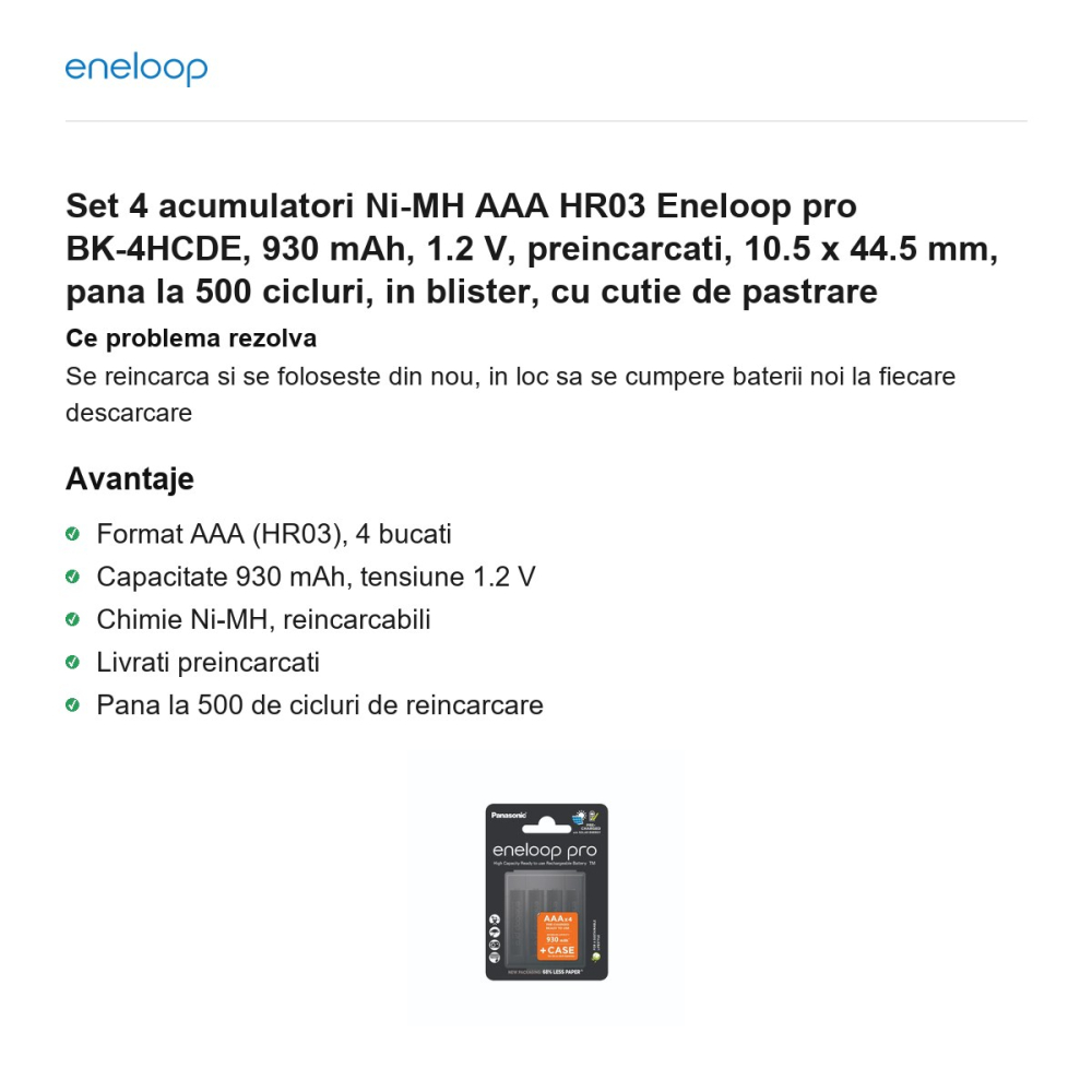 Set 4 acumulatori Ni-MH AAA HR03 Eneloop pro BK-4HCDE, 930 mAh, 1.2 V, preincarcati, 10.5 x 44.5 mm, pana la 500 cicluri, in blister, cu cutie de pastrare [2]