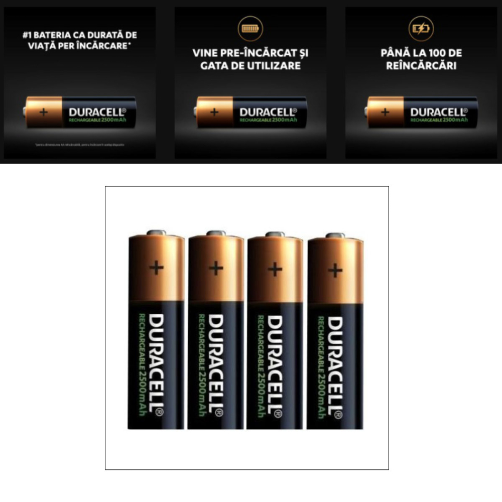 Set 4 Baterii Acumulatori Duracell AA Reincarcabile, 2500 mAh, Cu Durata Lunga de Viata, Pentru Dispozitive Casnice si Electronice, Preincarcate [2]