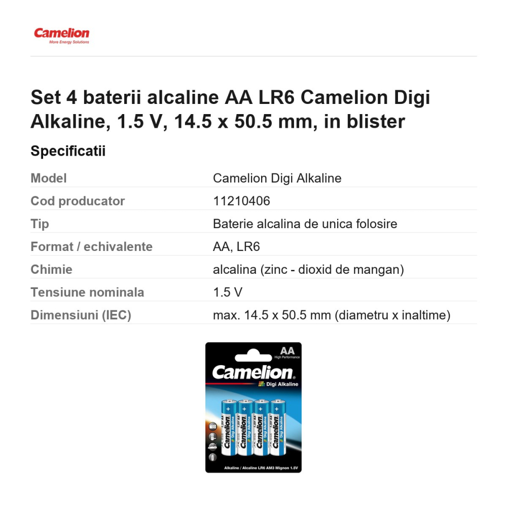 Set 4 baterii alcaline AA LR6 Camelion Digi Alkaline, 1.5 V, 14.5 x 50.5 mm, in blister [3]