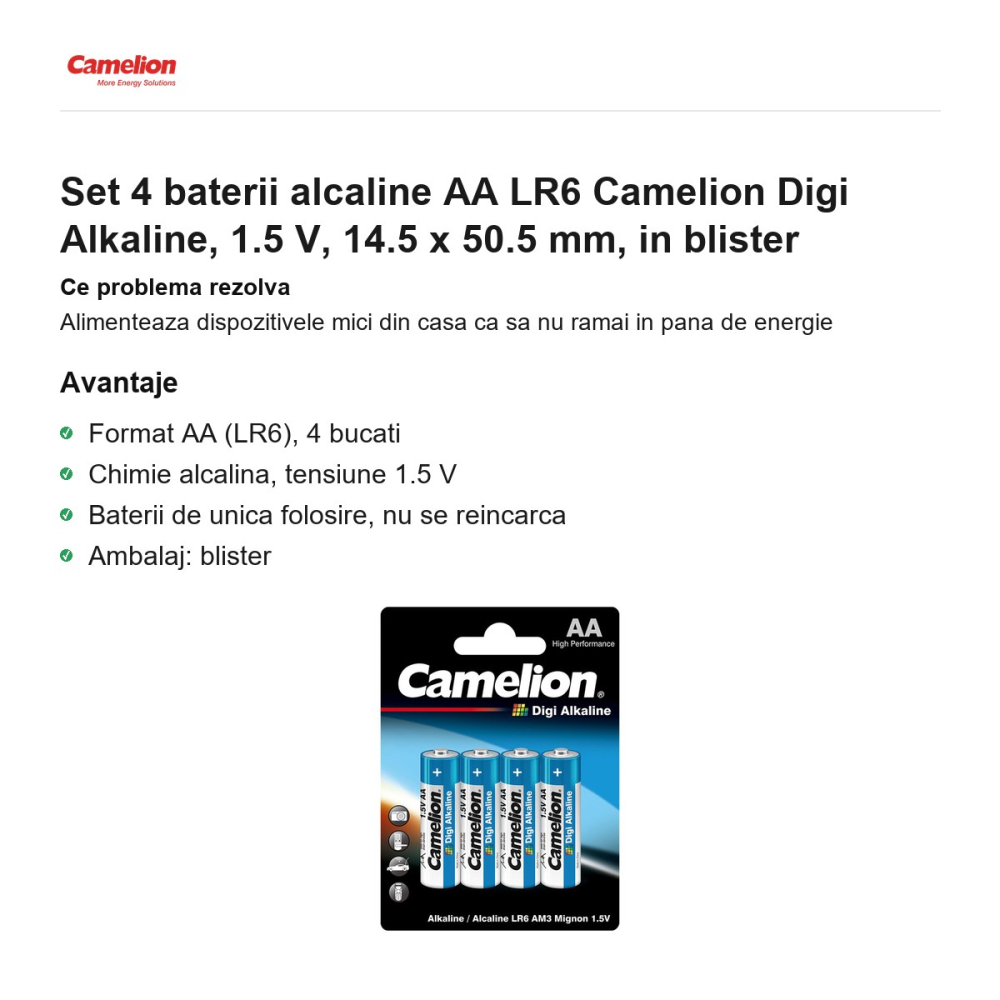 Set 4 baterii alcaline AA LR6 Camelion Digi Alkaline, 1.5 V, 14.5 x 50.5 mm, in blister [2]