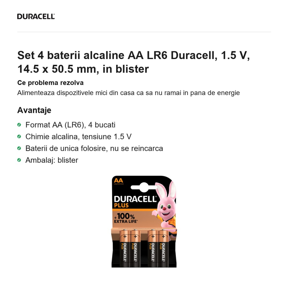 Set 4 baterii alcaline AA LR6 Duracell, 1.5 V, 14.5 x 50.5 mm, in blister [2]
