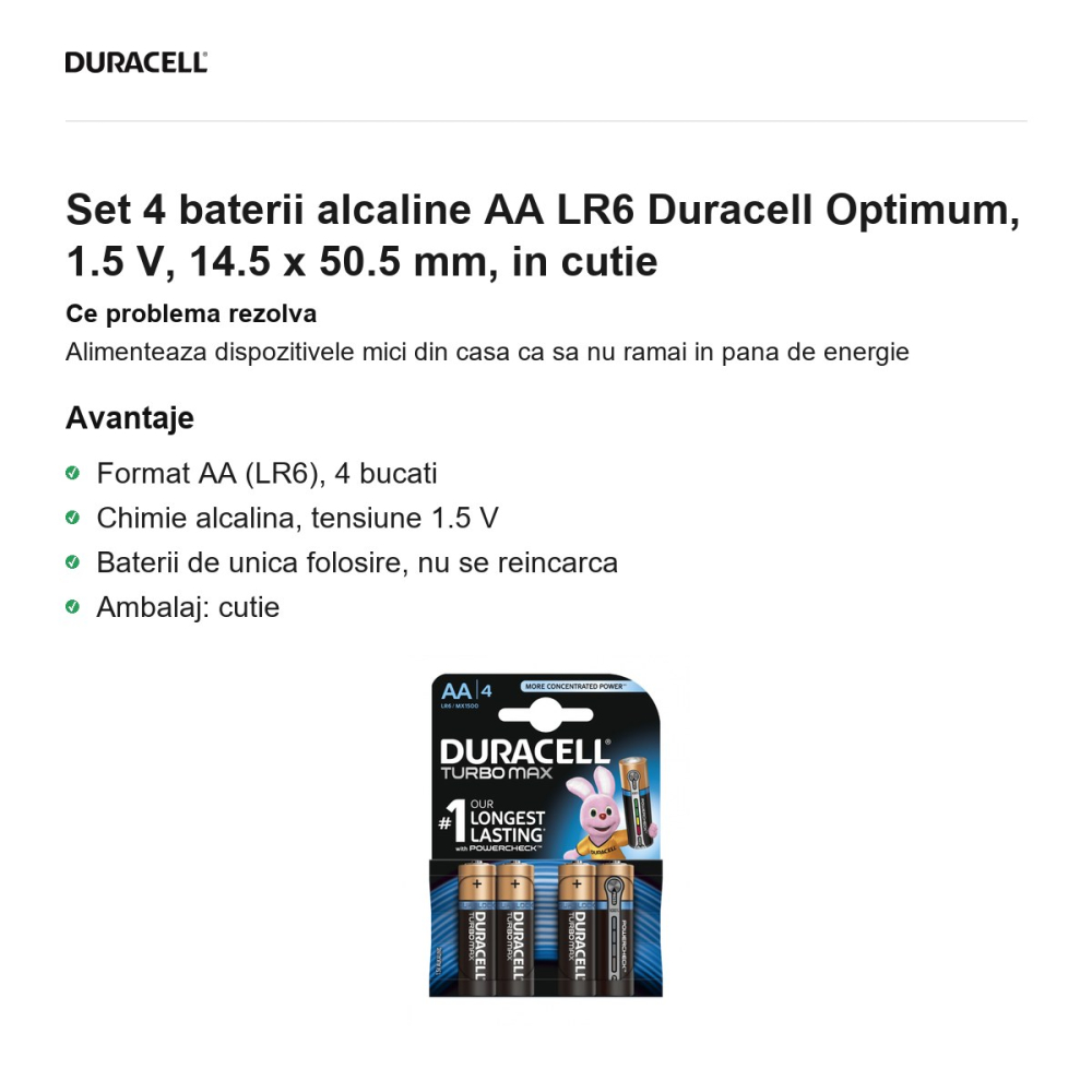 Set 4 baterii alcaline AA LR6 Duracell Optimum, 1.5 V, 14.5 x 50.5 mm, in cutie [2]