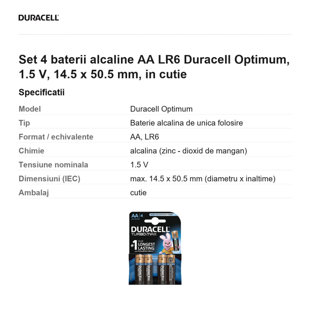 Set 4 baterii alcaline AA LR6 Duracell Optimum, 1.5 V, 14.5 x 50.5 mm, in cutie [3]