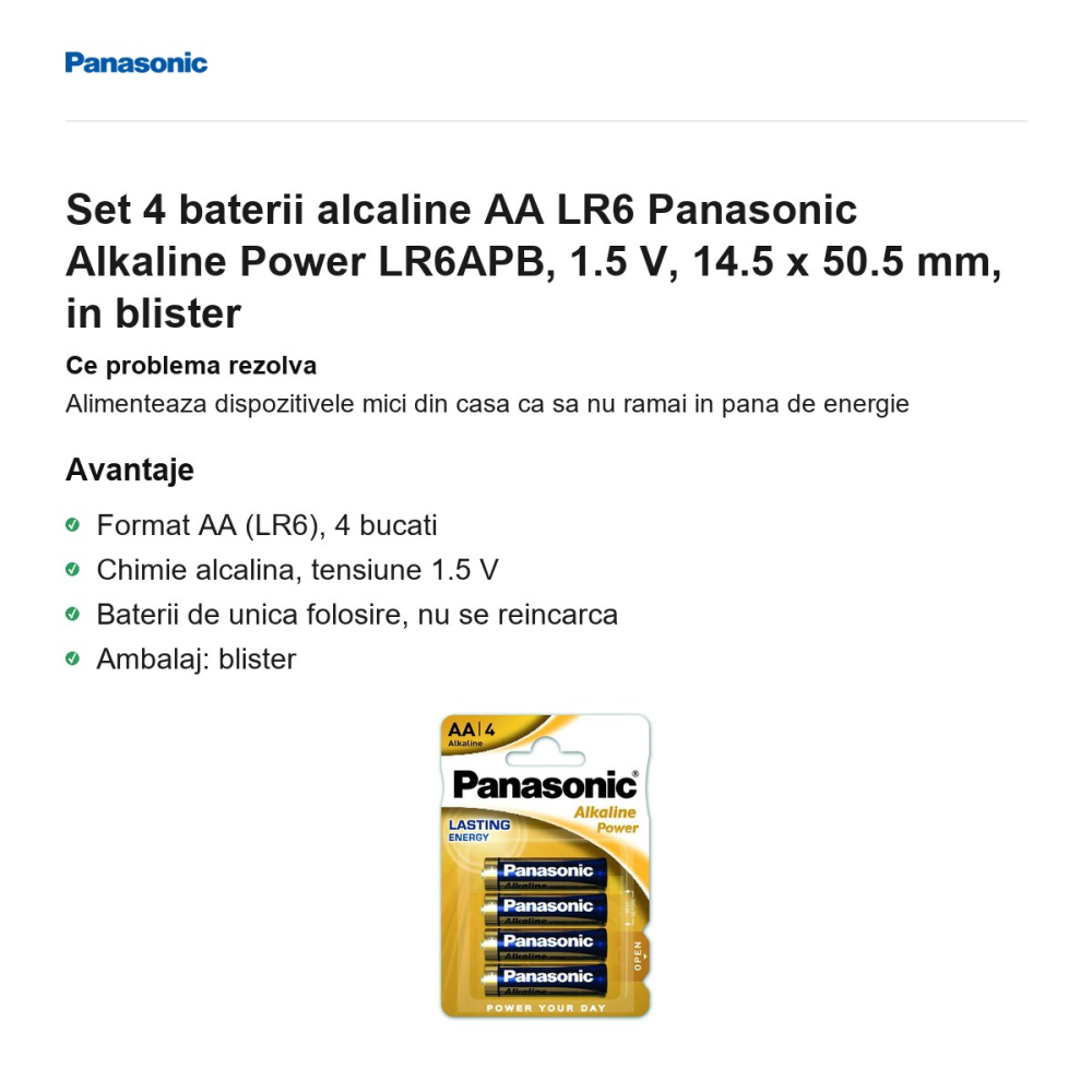 Set 4 baterii alcaline AA LR6 Panasonic Alkaline Power LR6APB, 1.5 V, 14.5 x 50.5 mm, in blister [2]