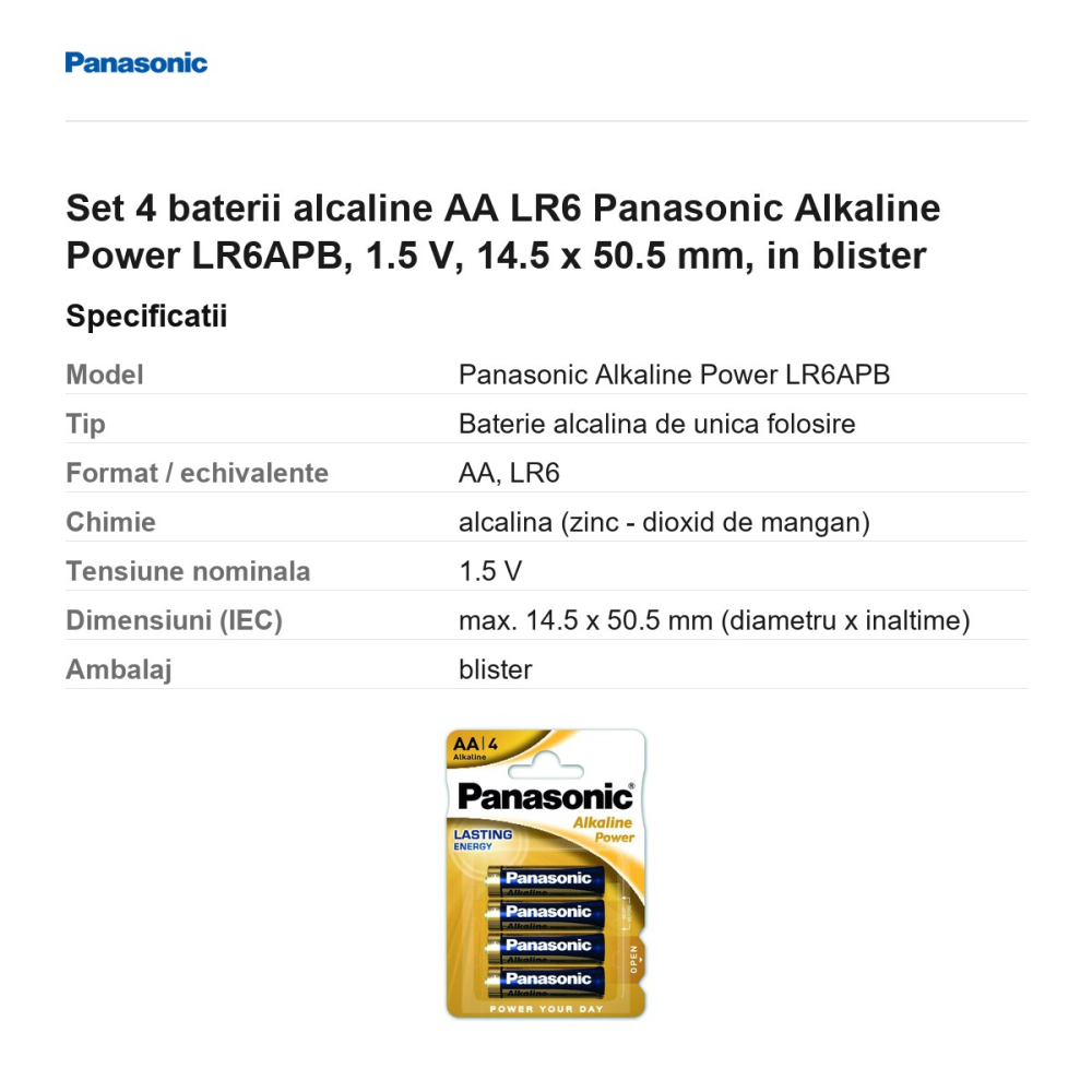 Set 4 baterii alcaline AA LR6 Panasonic Alkaline Power LR6APB, 1.5 V, 14.5 x 50.5 mm, in blister [3]