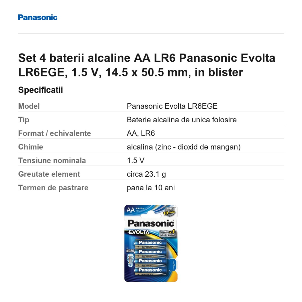 Set 4 baterii alcaline AA LR6 Panasonic Evolta LR6EGE, 1.5 V, 14.5 x 50.5 mm, in blister [3]