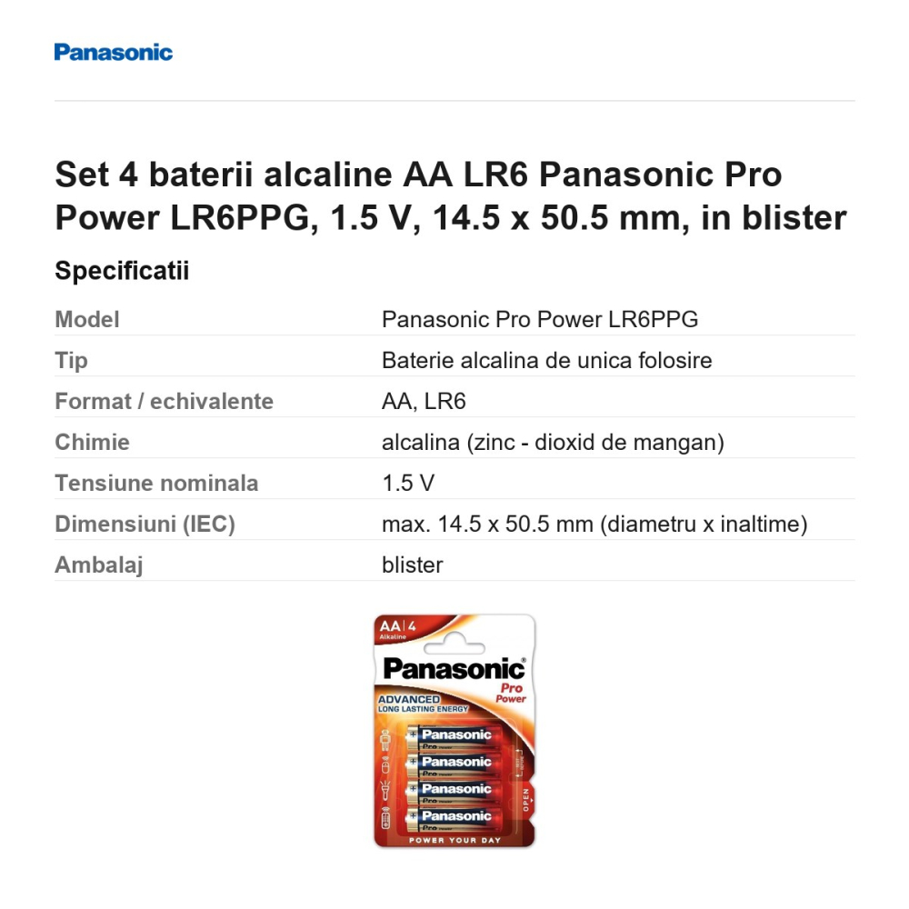 Set 4 baterii alcaline AA LR6 Panasonic Pro Power LR6PPG, 1.5 V, 14.5 x 50.5 mm, in blister [3]