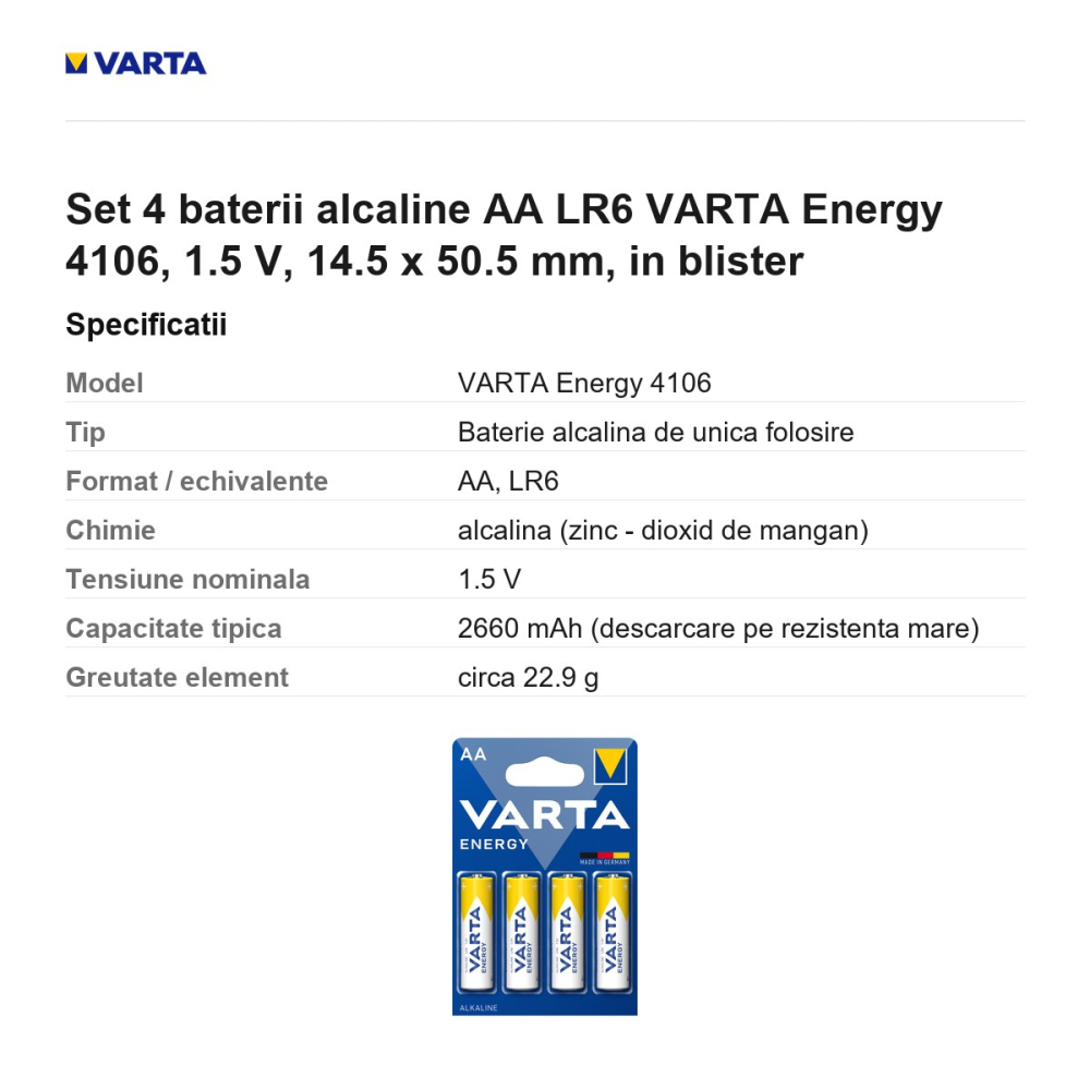 Set 4 baterii alcaline AA LR6 VARTA Energy 4106, 1.5 V, 14.5 x 50.5 mm, in blister [3]