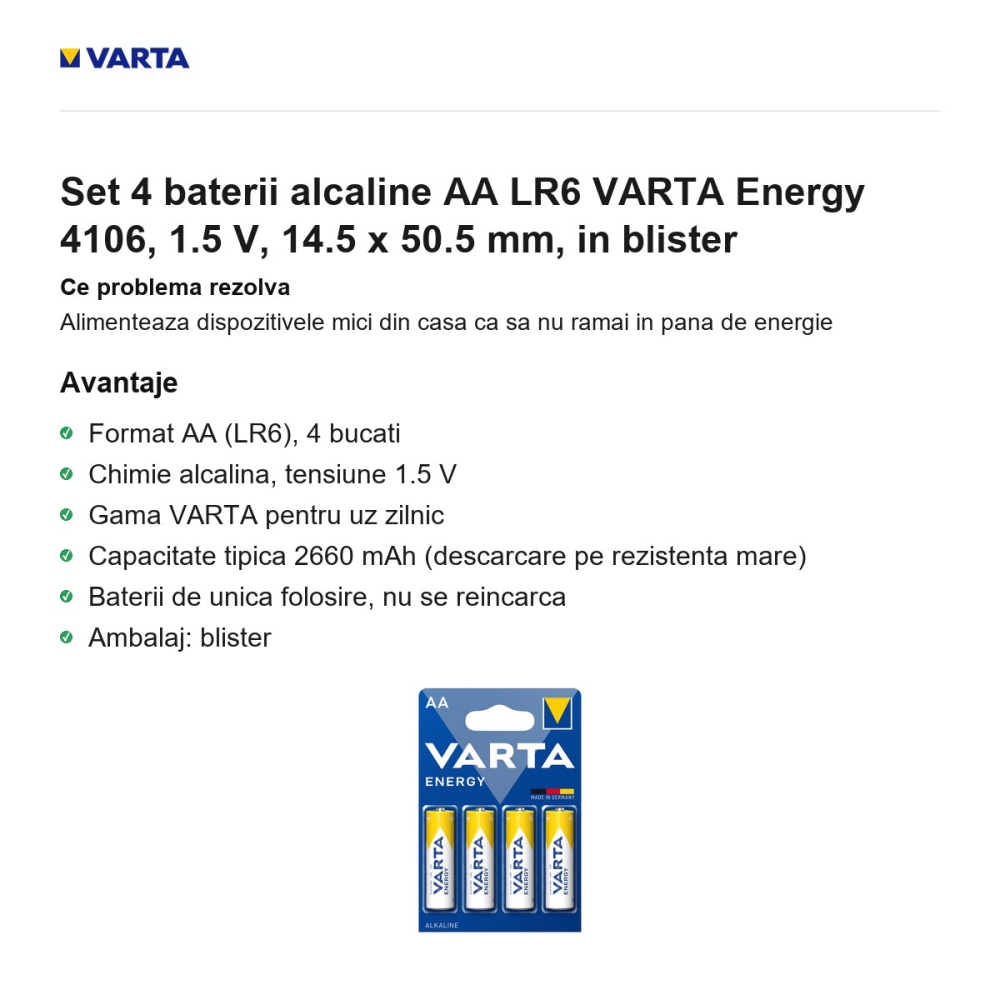 Set 4 baterii alcaline AA LR6 VARTA Energy 4106, 1.5 V, 14.5 x 50.5 mm, in blister [2]
