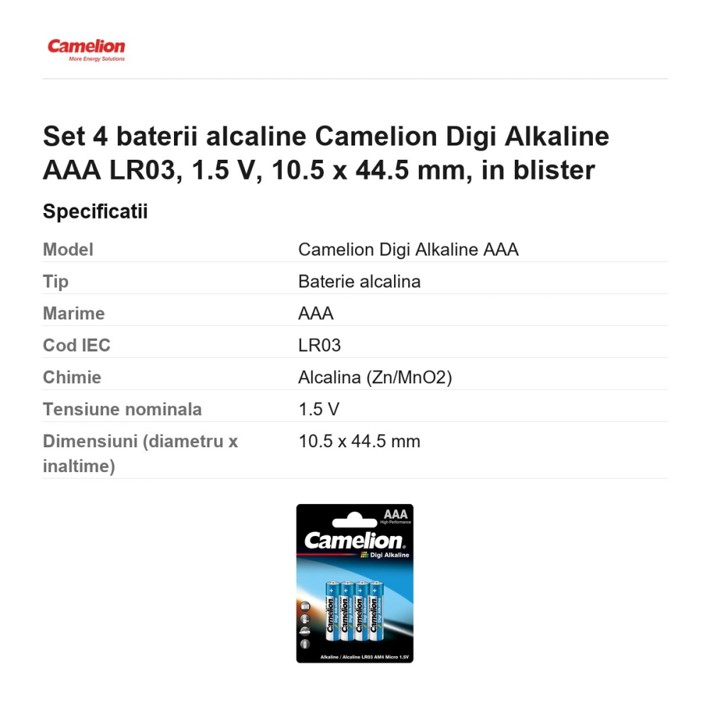 Set 4 baterii alcaline Camelion Digi Alkaline AAA LR03, 1.5 V, 10.5 x 44.5 mm, in blister [3]