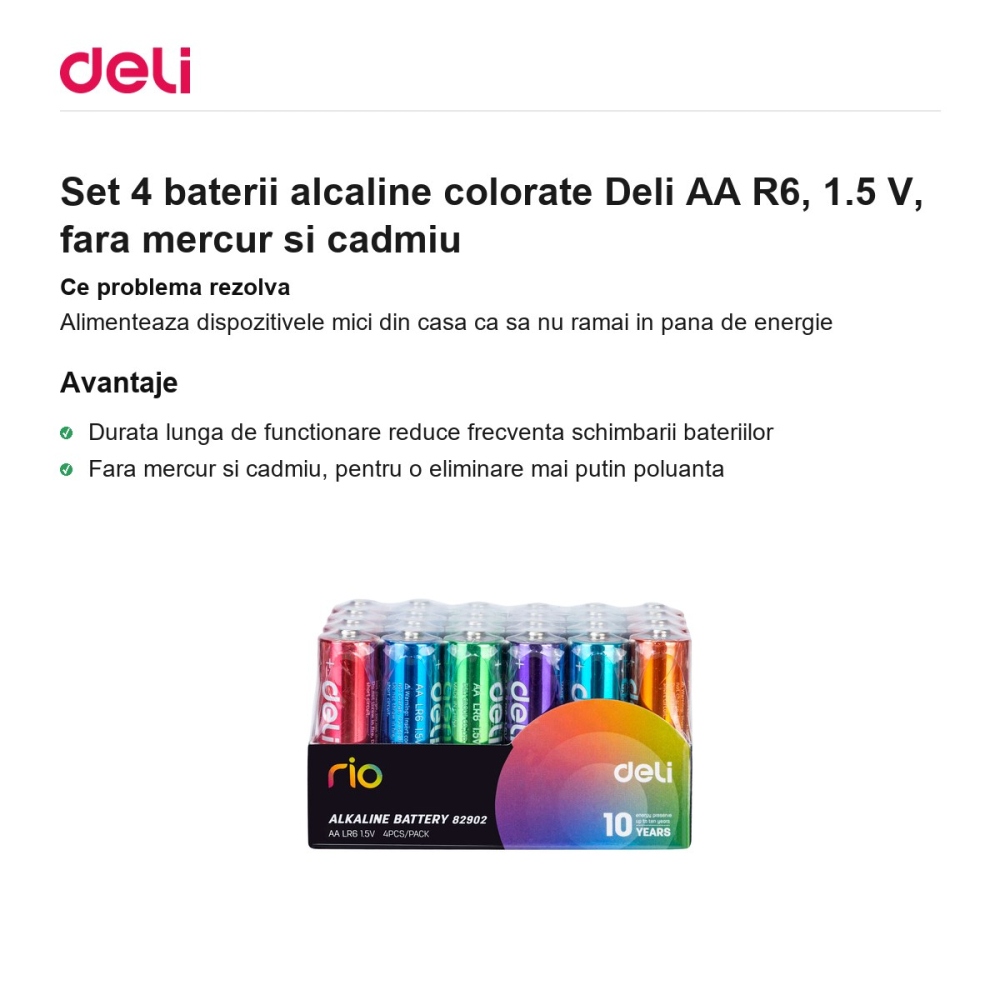 Set 4 baterii alcaline colorate Deli AA R6, 1.5 V, fara mercur si cadmiu [2]