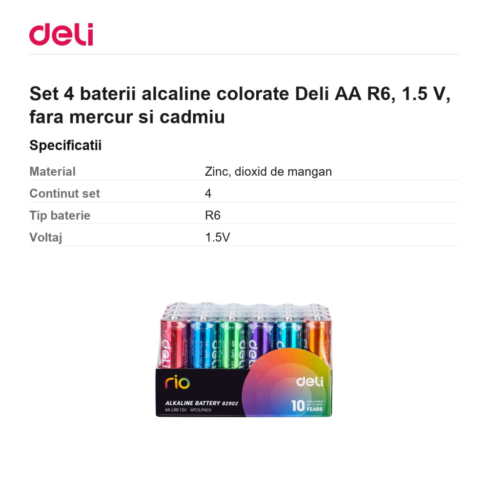 Set 4 baterii alcaline colorate Deli AA R6, 1.5 V, fara mercur si cadmiu [3]