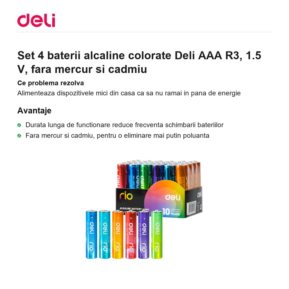 Set 4 baterii alcaline colorate Deli AAA R3, 1.5 V, fara mercur si cadmiu [2]