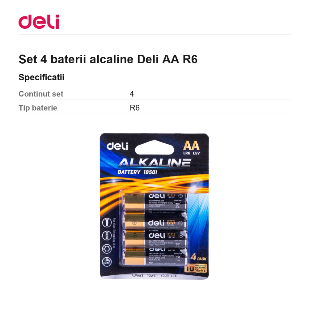 Set 4 baterii alcaline Deli AA R6 [3]