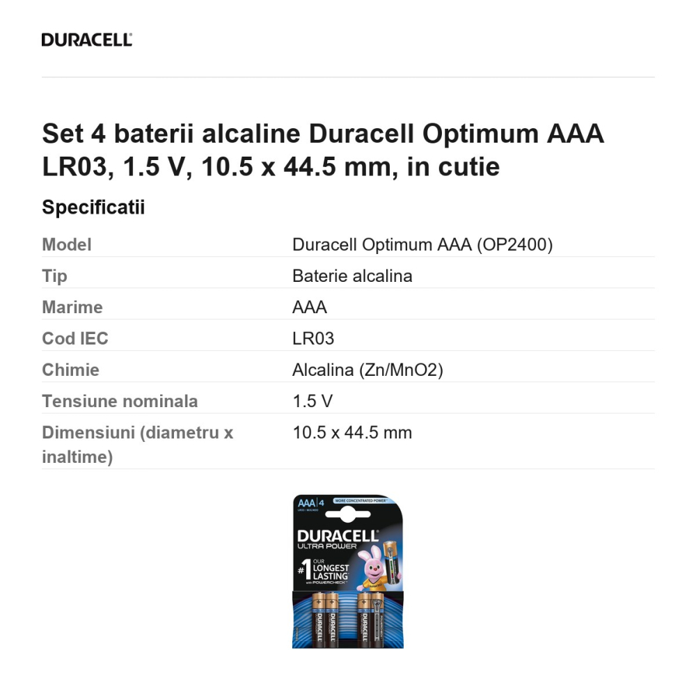 Set 4 baterii alcaline Duracell Optimum AAA LR03, 1.5 V, 10.5 x 44.5 mm, in cutie [3]