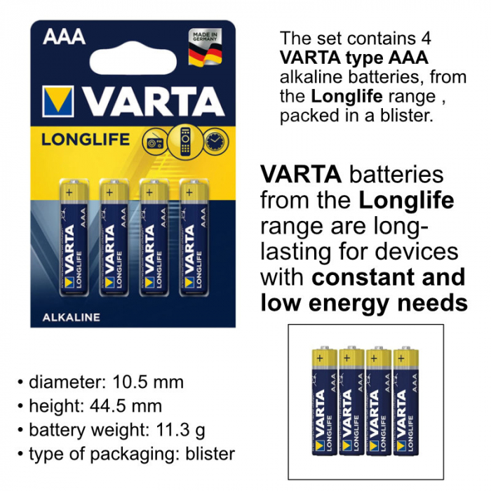 Set 4 baterii alcaline LR03, Varta Longlife AAA, 1.5V, in blister [4]
