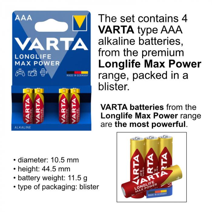 Set 4 baterii alcaline LR03, Varta Longlife Max Power AAA, 1.5V, in blister [5]