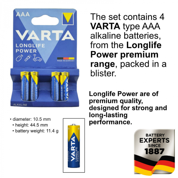Baterii alcaline Longlife Power AAA R3, 4 buc Varta [5]