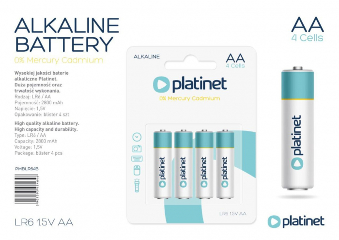Set 4 baterii alcaline LR06 tip AA, Platinet PRO , 1.5 V, 2800 mAh , in blister [3]