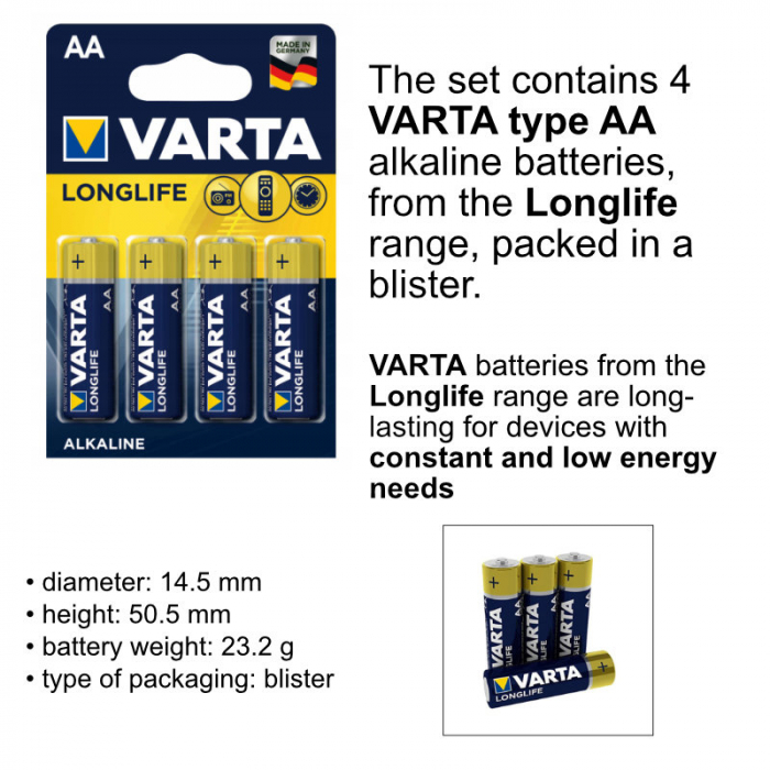 Set 4 baterii alcaline LR06, Varta Longlife AA, 1.5V, in blister [4]