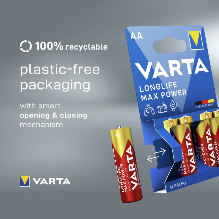 Set 4 baterii alcaline LR06, Varta Longlife Max Power AA, 1.5V, in blister [5]