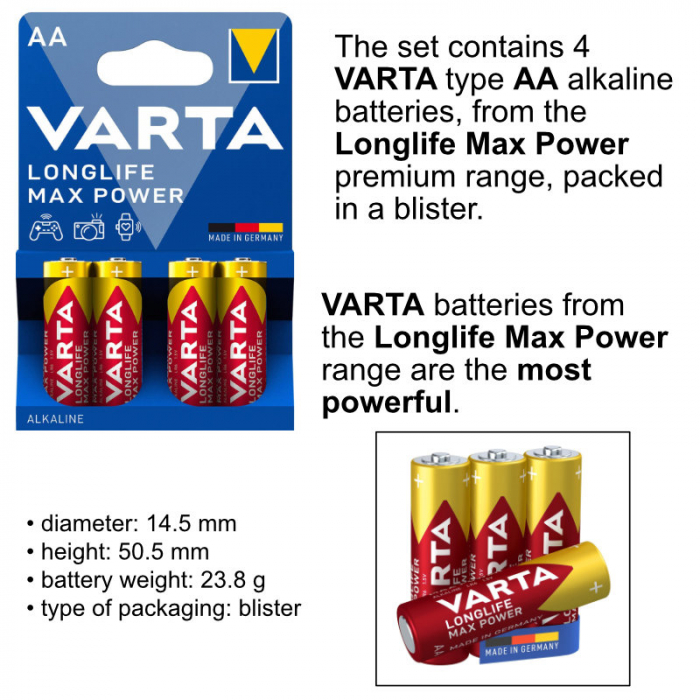 Set 4 baterii alcaline LR06, Varta Longlife Max Power AA, 1.5V, in blister [6]
