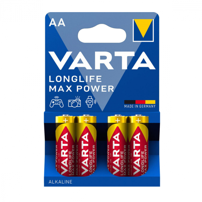 Set 4 baterii alcaline LR06, Varta Longlife Max Power AA, 1.5V, in blister [1]