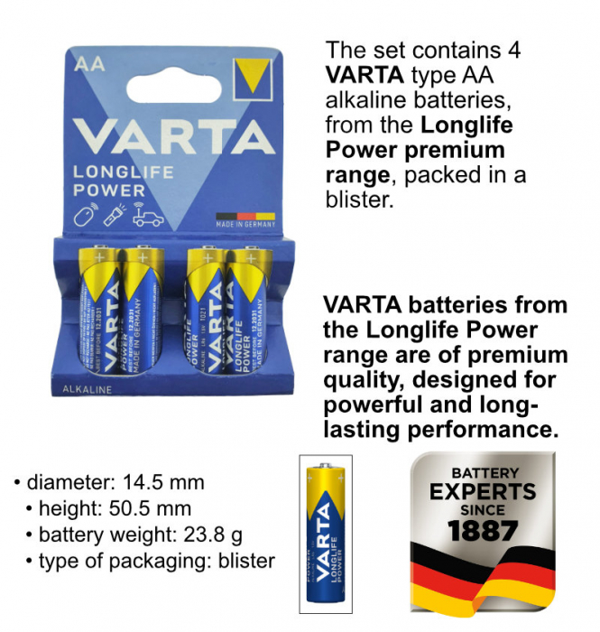 Set 4 baterii alcaline LR06, Varta Longlife Power AA, 1.5V, in blister [5]
