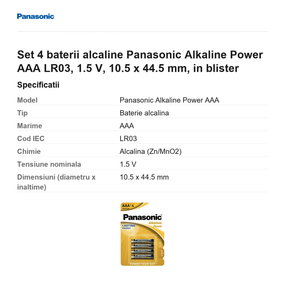 Set 4 baterii alcaline Panasonic Alkaline Power AAA LR03, 1.5 V, 10.5 x 44.5 mm, in blister [3]