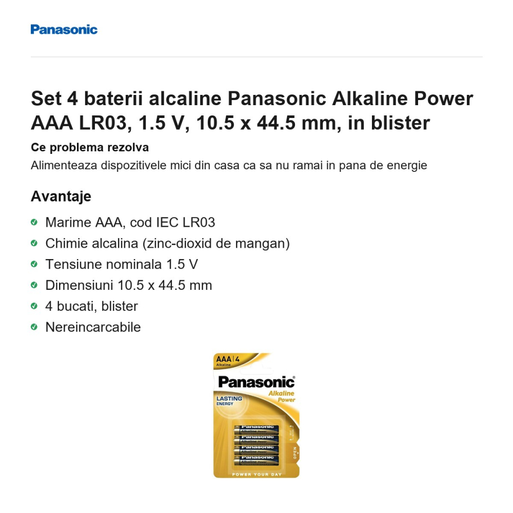 Set 4 baterii alcaline Panasonic Alkaline Power AAA LR03, 1.5 V, 10.5 x 44.5 mm, in blister [2]