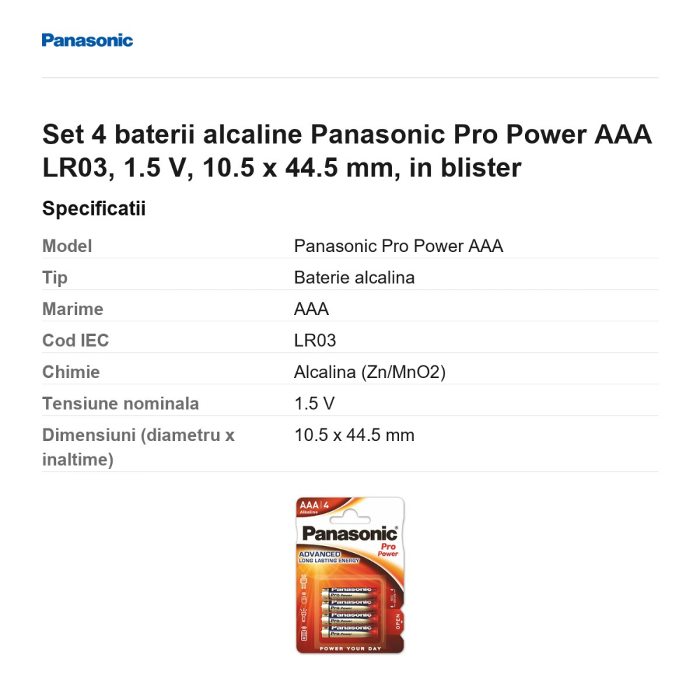 Set 4 baterii alcaline Panasonic Pro Power AAA LR03, 1.5 V, 10.5 x 44.5 mm, in blister [3]