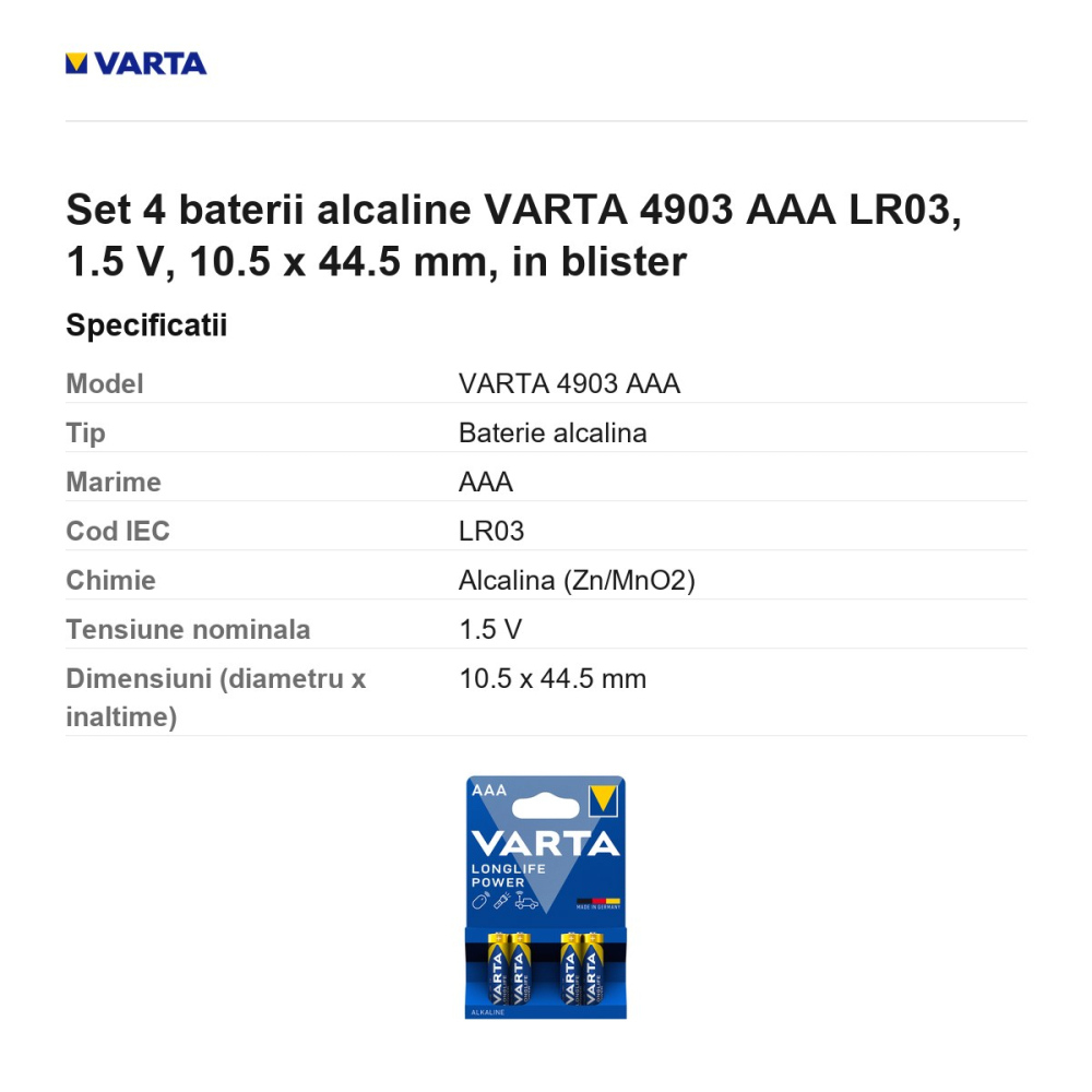 Set 4 baterii alcaline VARTA 4903 AAA LR03, 1.5 V, 10.5 x 44.5 mm, in blister [3]